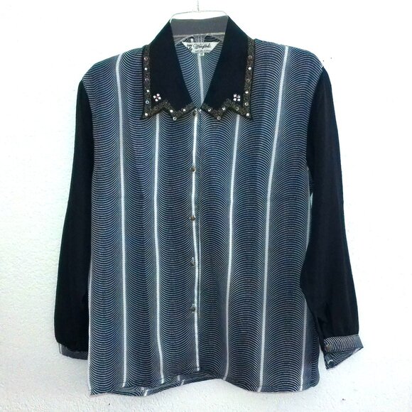 WangShiLi, Blue/white long sleeve shirt, with crystals/sequins design - Picture 1 of 11